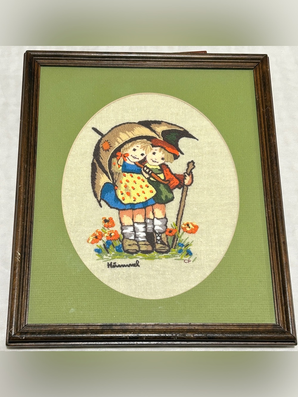 Hand-Embroidered Children Under Umbrella Wall Art - Green Accents